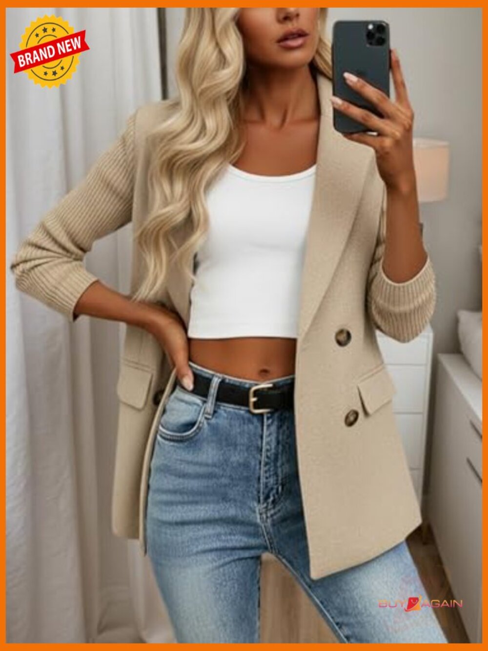 Double-Breasted Knit Sleeve Blazer - Business Casual Work Jacket with Pockets - Picture 2 of 6